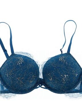 Victoria's Secret Very Sexy Push-Up Bra Teal Blue Silver Metallic Lace 38DD